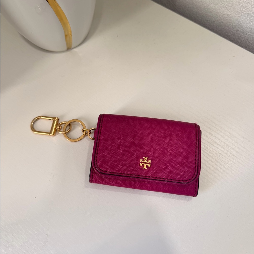 Tory Burch Fuchsia Card Holder with Gold Keychain